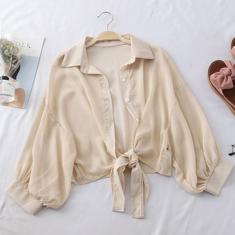 Gbolsos Chiffon Shirts Women Summer Half Sleeve Buttoned Up Shirt Loose Casual Blouse Tied Waist Elegant Blouses For Women