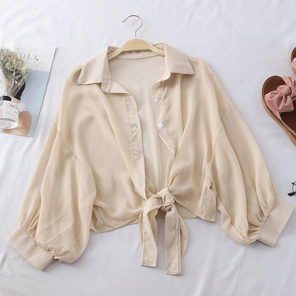 Gbolsos Chiffon Shirts Women Summer Half Sleeve Buttoned Up Shirt Loose Casual Blouse Tied Waist Elegant Blouses For Women