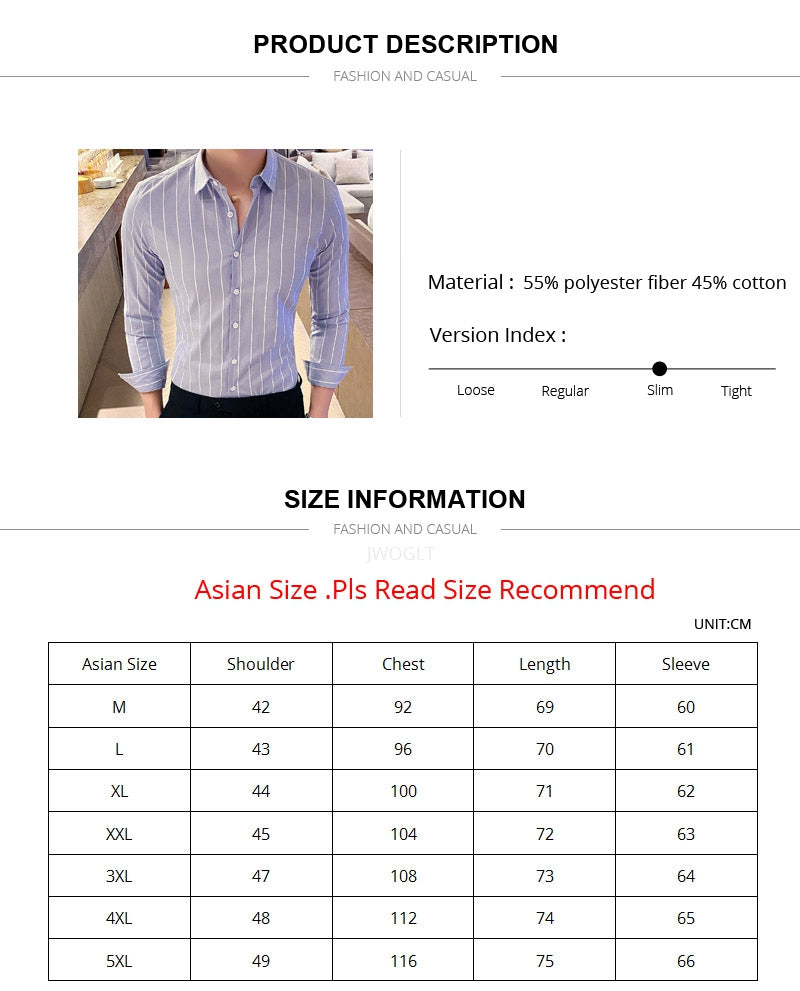 Gbolsos Korea Style Handsome Fashion Mens Shirts Button Down Slim Fit Long Sleeve Striped Shirts Asain Size