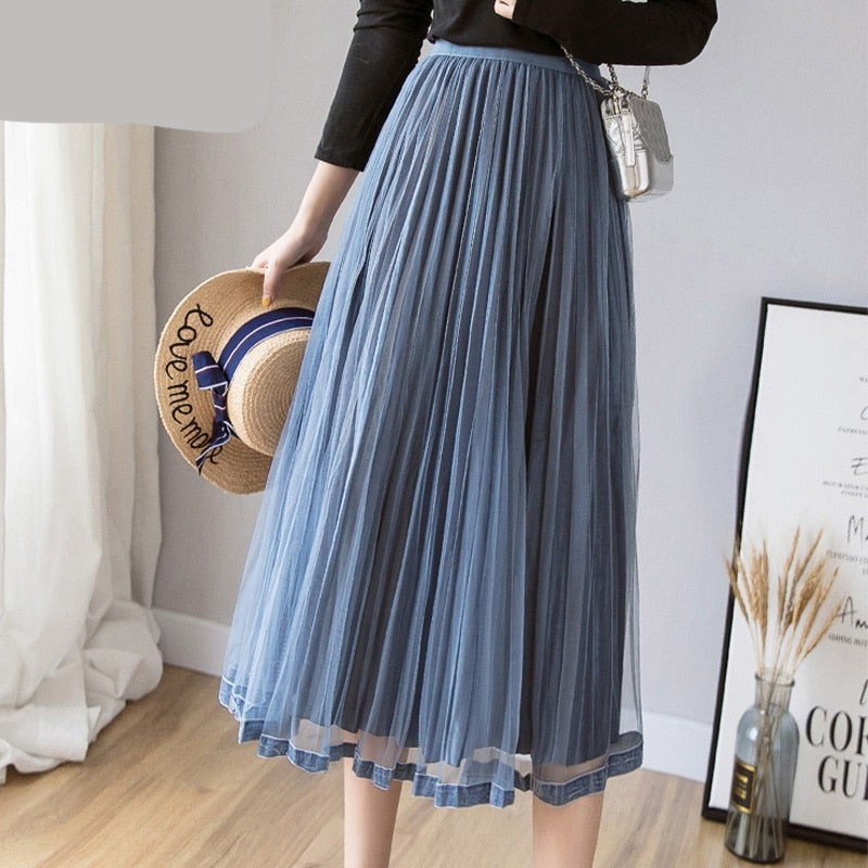 Gbolsos Mesh Skirt Autumn Winter Velvet Solid Color Elastic Waist Slim Pleated Skirts Womens Chic High Waist Women Skir