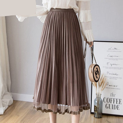 Gbolsos Mesh Skirt Autumn Winter Velvet Solid Color Elastic Waist Slim Pleated Skirts Womens Chic High Waist Women Skir