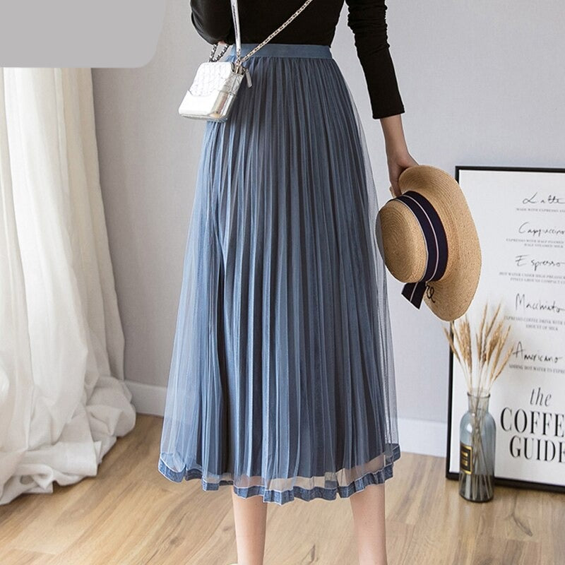 Gbolsos Mesh Skirt Autumn Winter Velvet Solid Color Elastic Waist Slim Pleated Skirts Womens Chic High Waist Women Skir