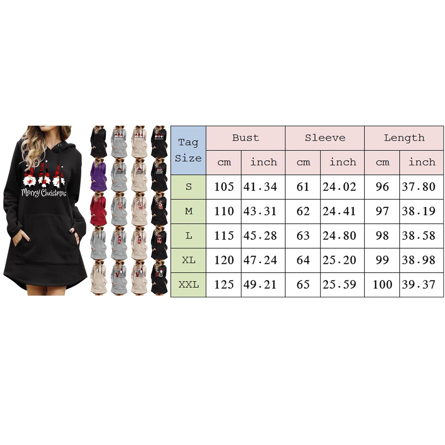 Gbolsos Women Christmas Sweatshirts Casual Solid Color Printing Pullover Hooded Pocket Long Sleeve Dress Платье #8