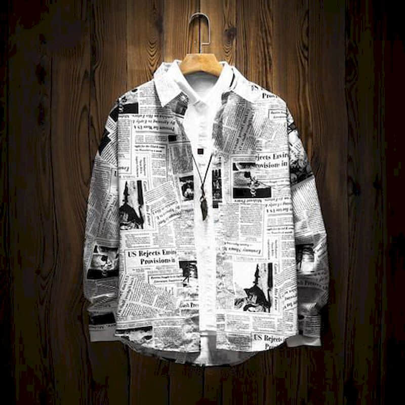 GbolsosNewspaper shirt Korean trend men's shirt long-sleeved loose couple lovers shirt student all-match shirt 2022 fashion streetwear