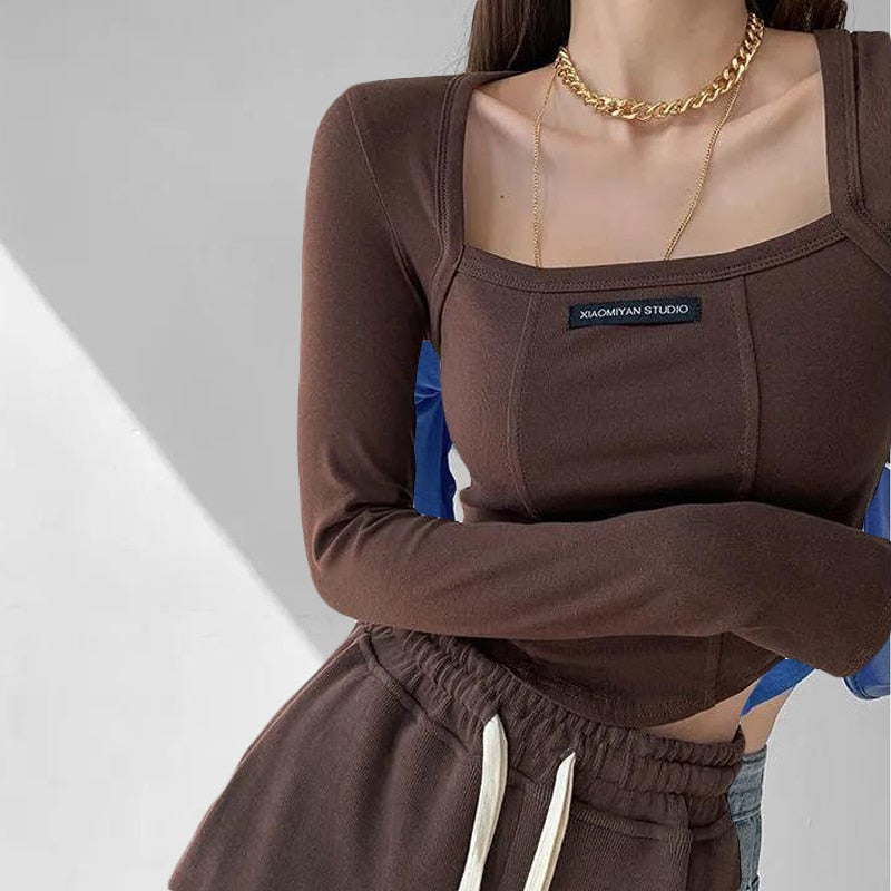 Gbolsos American Style Brown Cropped Top Women Fashion Skinny Sexy Long Sleeve T Shirts Female Casual Square Neck Tees