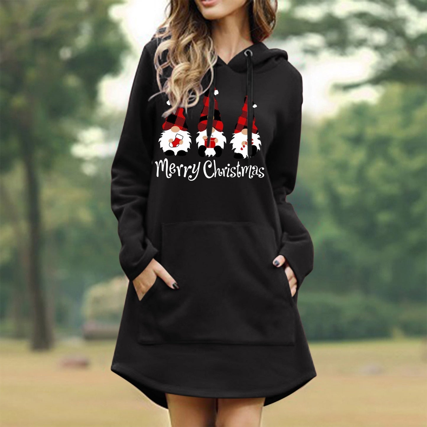 Gbolsos Women Christmas Sweatshirts Casual Solid Color Printing Pullover Hooded Pocket Long Sleeve Dress Платье #8