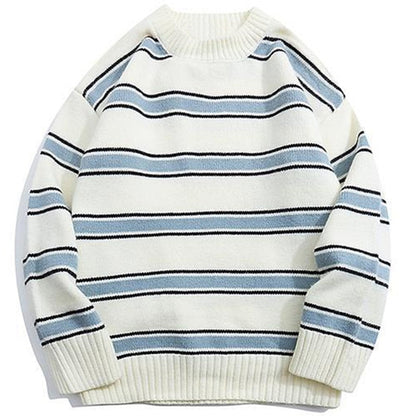 Gbolsos Striped Harajuku Oversized Sweater Autumn New Japanese Style Round Neck Spliced Color Loose Couples Hip Hop Knitted Sweater