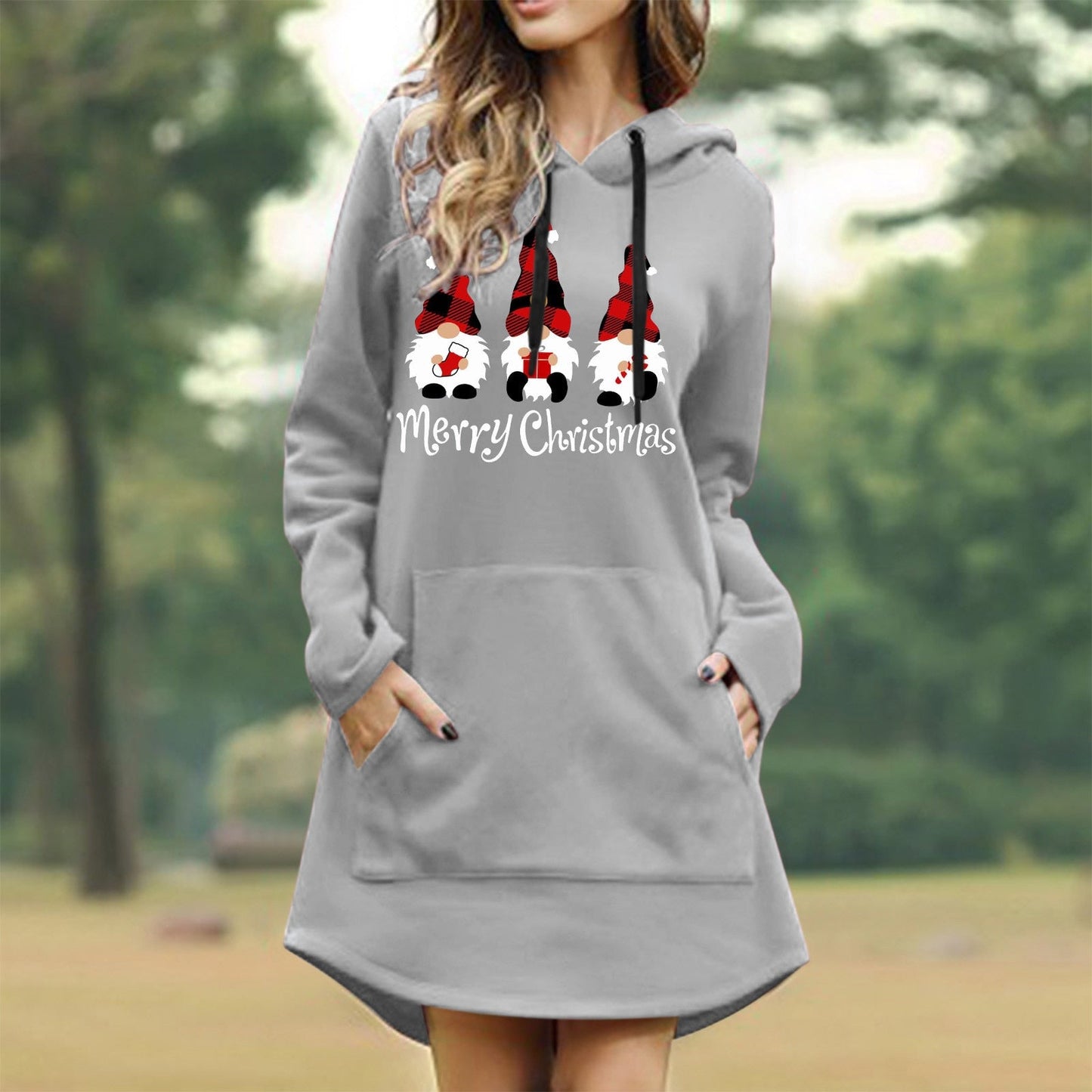 Gbolsos Women Christmas Sweatshirts Casual Solid Color Printing Pullover Hooded Pocket Long Sleeve Dress Платье #8