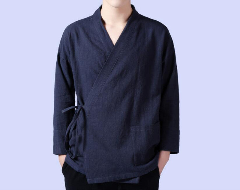 Men Linen Shirts Long Sleeve Chinese Style Mandarin Collar Traditional Kung Fu Tang Casual Social Shirt Plus Size M-4XL 5XL 6XL