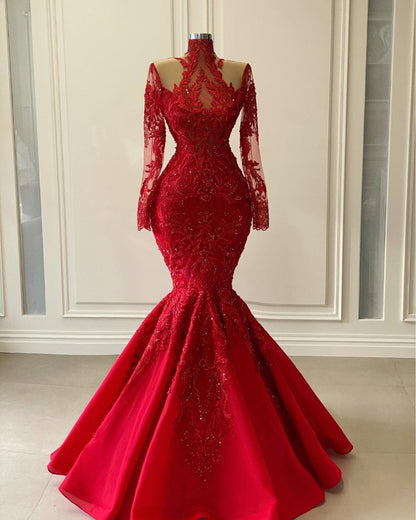 Gbolsos Modest Red Lace Mermaid Evening Dresses Real Image Appliques Beaded Long Prom Gowns With Full Sleeves Formal Party Dress