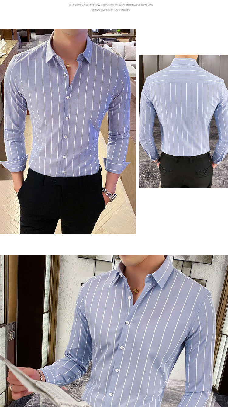 Gbolsos Korea Style Handsome Fashion Mens Shirts Button Down Slim Fit Long Sleeve Striped Shirts Asain Size