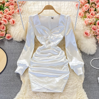 Gbolsos Autumn New Celebrity Sexy Square Neck Satin Dresses Long Sleeve Women White Hip Wrap Slim Pleated Mini Short Dress