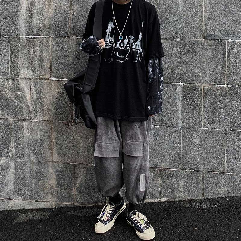 Black Hip Hop T-Shirt Mens Casual Autumn Tops Tee Fake Two Pieces Long Sleeve Men T Shirt Fashion Japan Tshirt Streetwear Boys