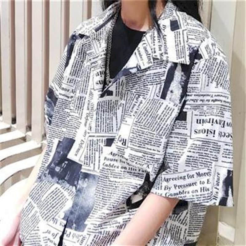 GbolsosNewspaper shirt Korean trend men's shirt long-sleeved loose couple lovers shirt student all-match shirt 2022 fashion streetwear