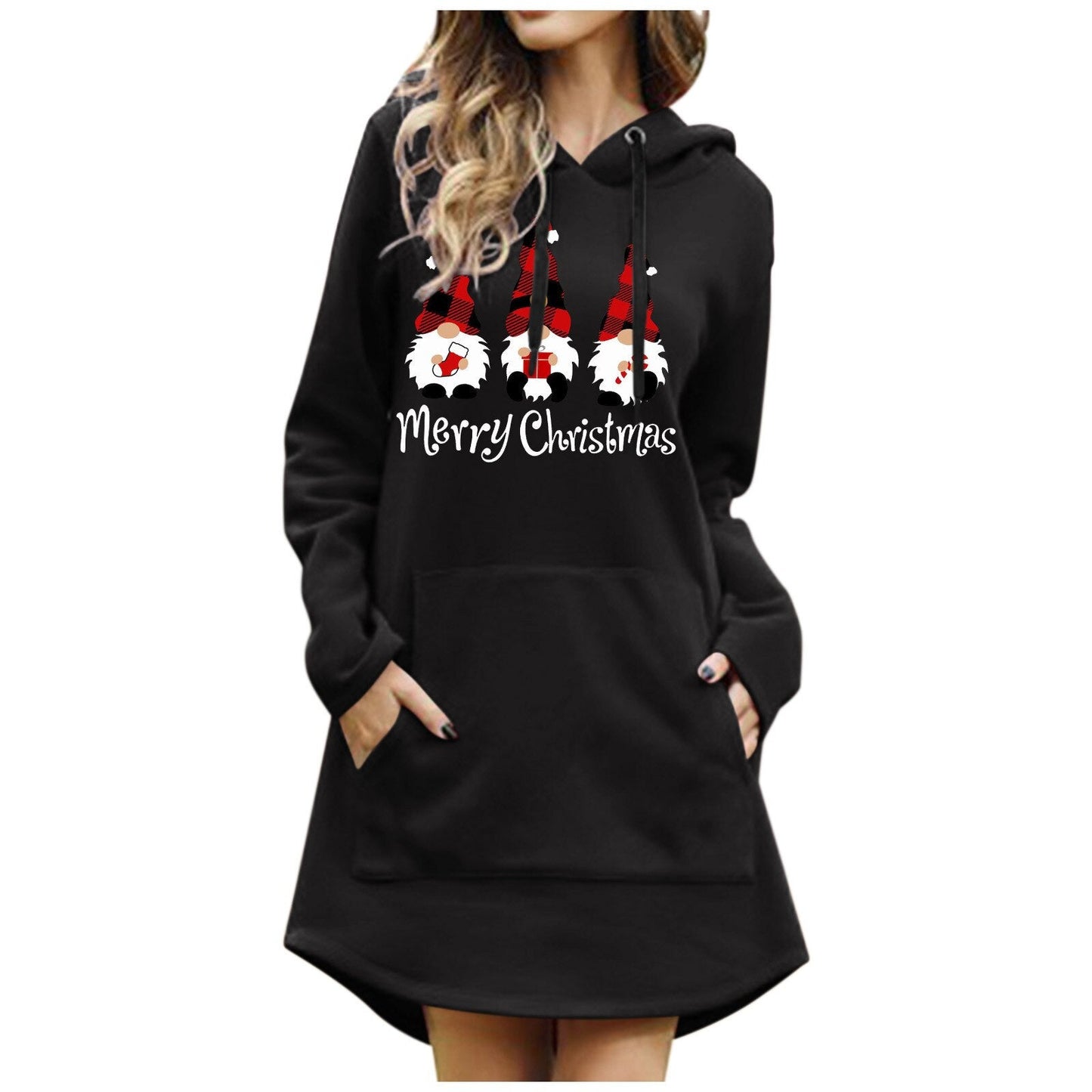 Gbolsos Women Christmas Sweatshirts Casual Solid Color Printing Pullover Hooded Pocket Long Sleeve Dress Платье #8