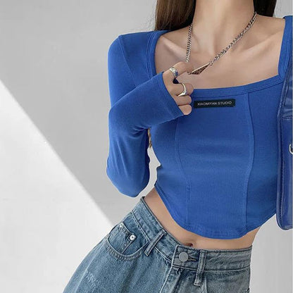 Gbolsos American Style Brown Cropped Top Women Fashion Skinny Sexy Long Sleeve T Shirts Female Casual Square Neck Tees