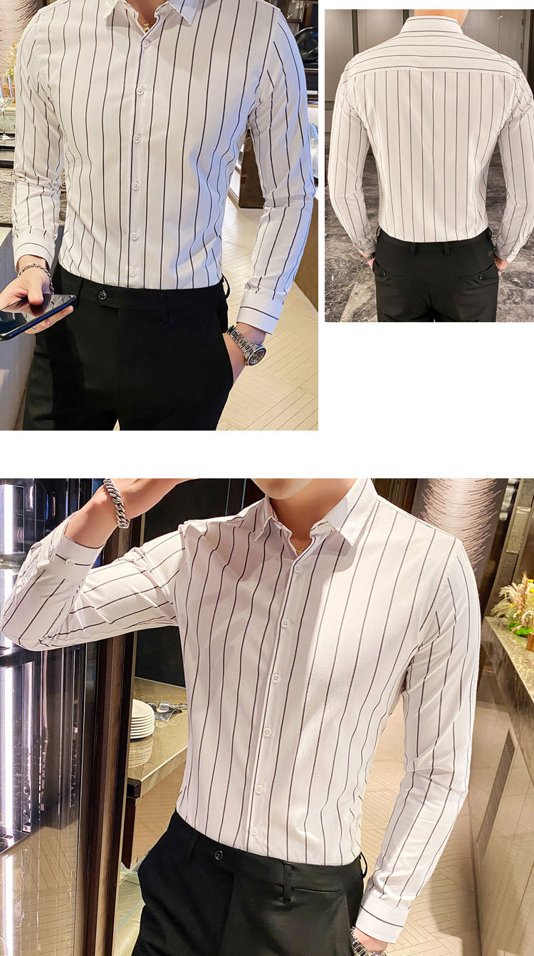 Gbolsos Korea Style Handsome Fashion Mens Shirts Button Down Slim Fit Long Sleeve Striped Shirts Asain Size