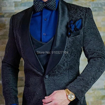 Gbolsos Navy Blue Floral Jacquard Men Suits Slim Fit with Shawl Lapel 3 Piece Custom Wedding Tuxedo for Groomsmen Male Fashion Costume