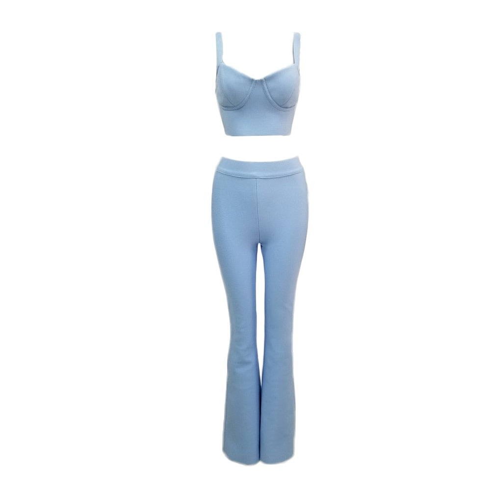 Women Set Party Workout Sport Pants Bra Clothing Short Crop Top High Waist Long Pants 2 Piece Set Suits