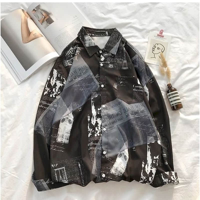 GbolsosNewspaper shirt Korean trend men's shirt long-sleeved loose couple lovers shirt student all-match shirt 2022 fashion streetwear