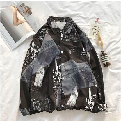 GbolsosNewspaper shirt Korean trend men's shirt long-sleeved loose couple lovers shirt student all-match shirt 2022 fashion streetwear