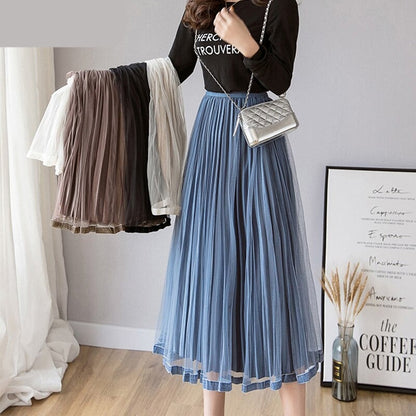 Gbolsos Mesh Skirt Autumn Winter Velvet Solid Color Elastic Waist Slim Pleated Skirts Womens Chic High Waist Women Skir