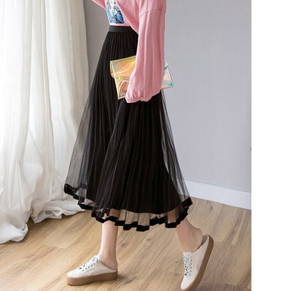 Gbolsos Mesh Skirt Autumn Winter Velvet Solid Color Elastic Waist Slim Pleated Skirts Womens Chic High Waist Women Skir