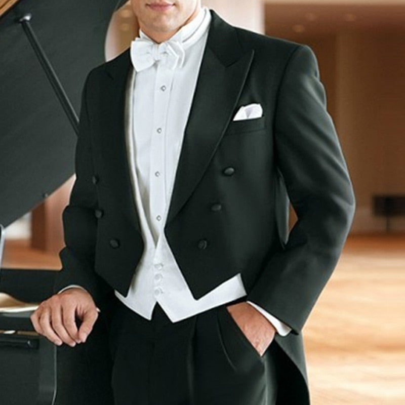 Gbolsos Black Wedding Tail Coat for Groom Dinner Party Tuxedo 3 Piece Formal Men Suits with White Vest Pants Male Fashion Prom Bridegro