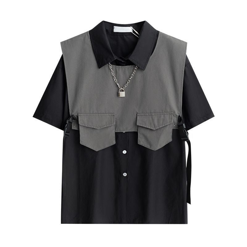 Vest 2-piece summer trend dark tooling functional style versatile cool shirt men's short sleeve loose top