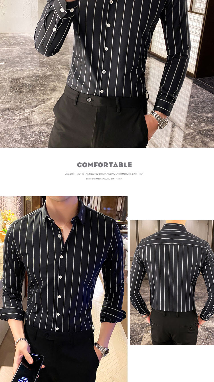 Gbolsos Korea Style Handsome Fashion Mens Shirts Button Down Slim Fit Long Sleeve Striped Shirts Asain Size