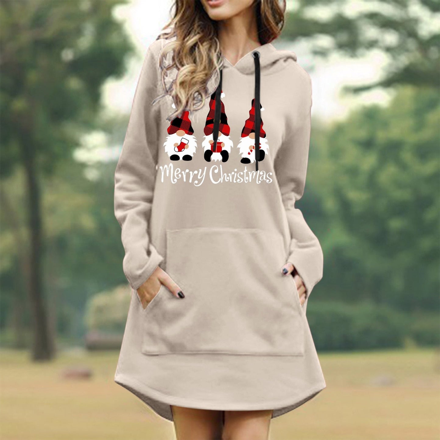 Gbolsos Women Christmas Sweatshirts Casual Solid Color Printing Pullover Hooded Pocket Long Sleeve Dress Платье #8