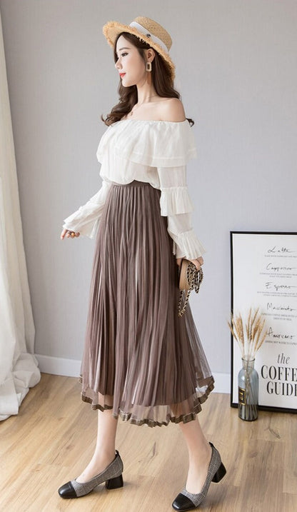 Gbolsos Mesh Skirt Autumn Winter Velvet Solid Color Elastic Waist Slim Pleated Skirts Womens Chic High Waist Women Skir