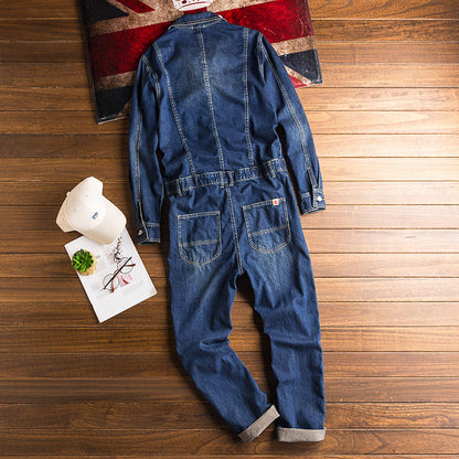 Gbolsos Spring And Autumn Men's Denim Jumpsuits Long Sleeve Lapel Overalls Blue Jeans Hip Hop Cargo Pants Fashion Freight Trousers