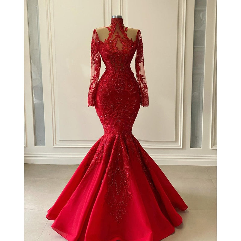 Gbolsos Modest Red Lace Mermaid Evening Dresses Real Image Appliques Beaded Long Prom Gowns With Full Sleeves Formal Party Dress