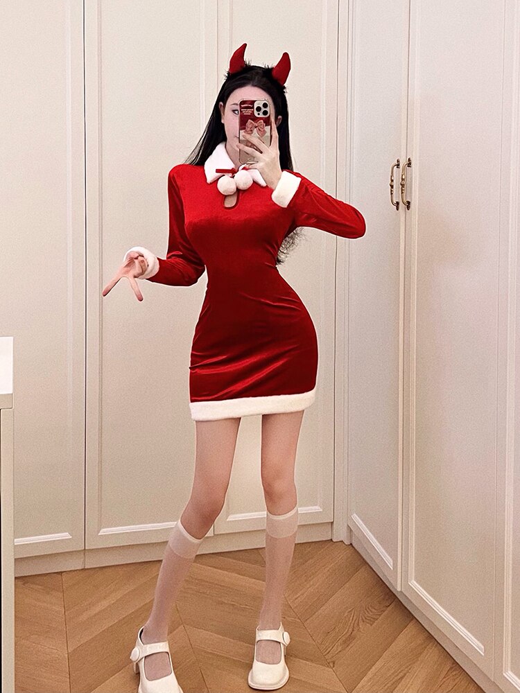 Gbolsos Red Christmas Sexy Party Mini Dress Women Bodycon Elegant Korean Style Dress Female Long Sleeve Casual Dresses New Year Christmas