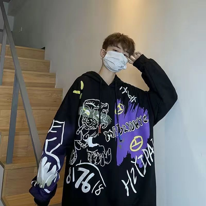 Gbolsos Autumn and winter Korean style trend plus fleece hooded sweater men graffiti hip-hop all-match loose printed coat couple sweater