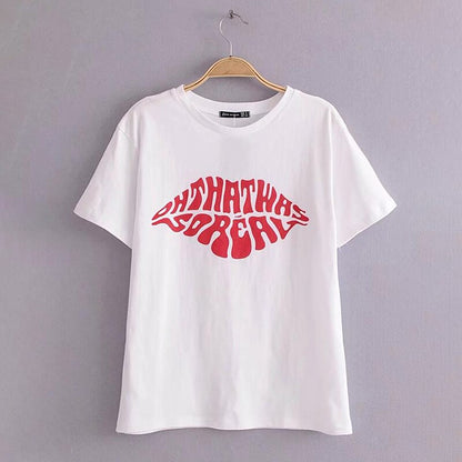 Sexy Lip Printed Cotton Short Sleeve T-Shirt Top Casual O-Neck Women Pullover Tops  Summer Beach Tee Shirts Blusas