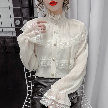 Gbolsos Solid Patchwork Elegant Blouse Women Spring Lace Designer Chiffon Bouse Female Office Lady Casual French Korean Tops Women