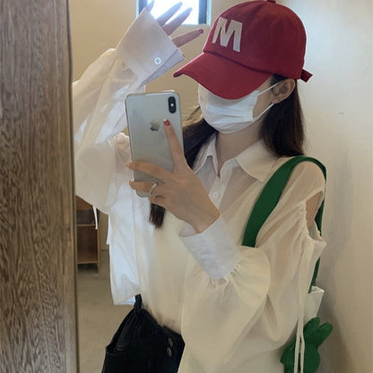 Gbolsos Shirts Women Hole Temperament Sun-proof Ins Vacation Thin Korean Style Sheer Off-shoulder BF Summer Students Beach