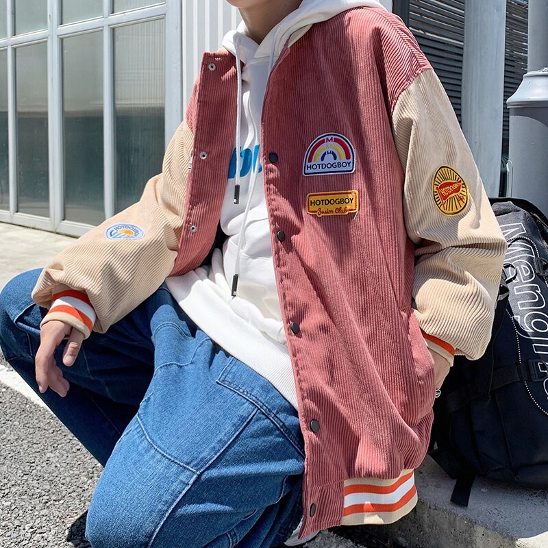 Gbolsos Spring and Autumn Corduroy Coat Men's Harajuku Style Korean Versatile, Handsome, Loose Fitting Baseball Jacket