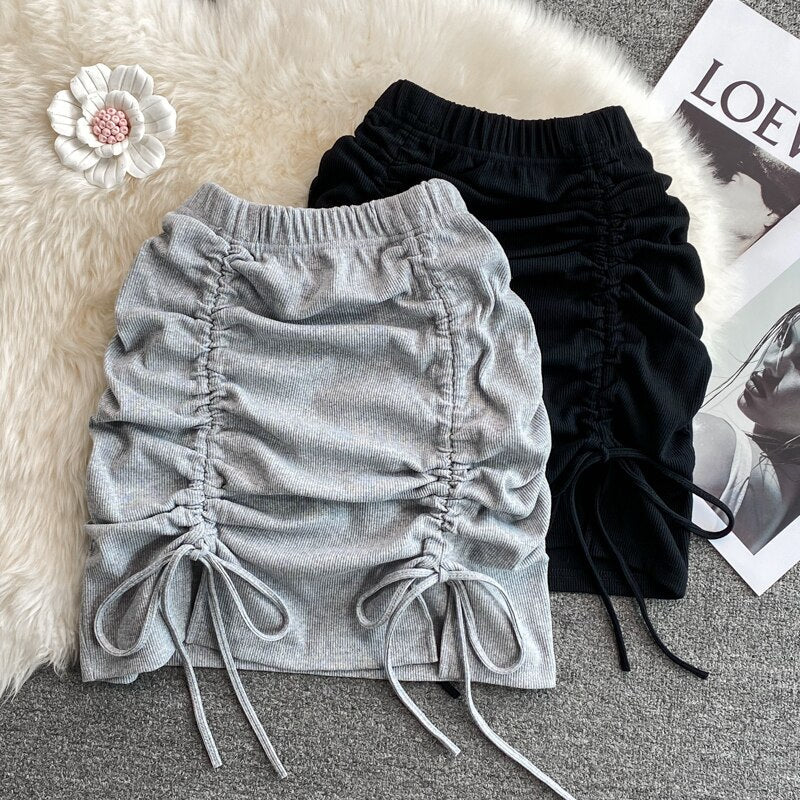 Gbolsos Draw String Cotton Mini Skirt Girls Summer Elastic Waist Grey Black Split Folds Skirts Women Sexy Bottoms