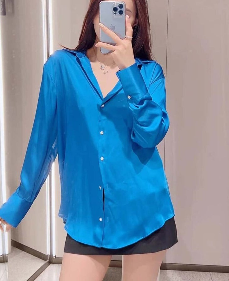 Gbolsos Women's Shirt Spring Autumn Fashion Satin Soft Casual Blouses Loose Streetwear Vintage Shirts Woman Tops