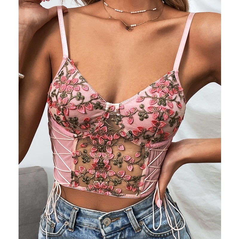 Gbolsos Women Sexy Pink Tank Top Flower Embroidery V-neck Summer Slim Camisole Female Tie-Up Crop Tank Tops Vest Spaghetti Straps Camis