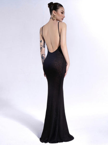 Sexy Ribbed Knitted Backless Strap Maxi Dresses Women    Summer Black See Through Fishtail Dress Elegant Party Club Outfits