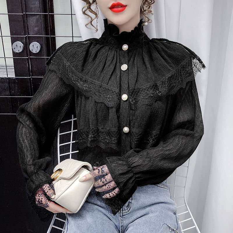 Gbolsos Solid Patchwork Elegant Blouse Women Spring Lace Designer Chiffon Bouse Female Office Lady Casual French Korean Tops Women