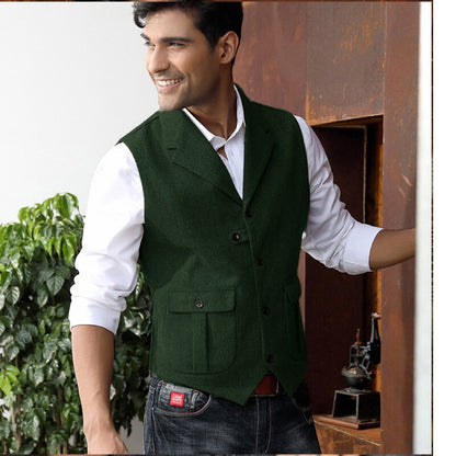 Gbolsos Herringbone Men's Vests Wool Tweed Lapel Casual Dress Business Sleeveless Jacket Wedding Groomsmen Temperament Slim Mens Vest