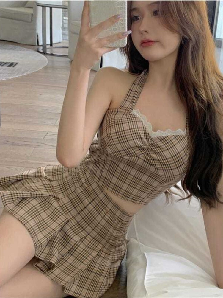 Gbolsos Plaid Suit Women Camisole + Short Skirt Two-piece Sets Summer New Temperament Vintage Lace Patchwork Sleeveless Suit Trend