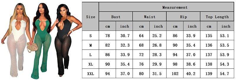 Gbolsos Summer Nightclub Halterneck See Through Mesh Jumpsuit Woman Sexy Strappy Hollow Stitching Flared Trouser Romper