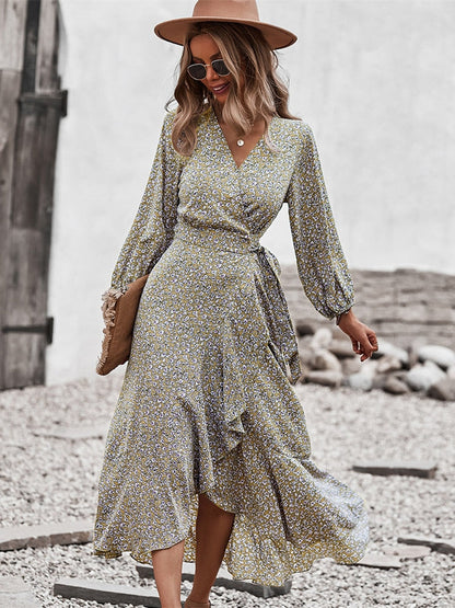 Spring Autumn Long Bandage Print Dress For Women   New V Neck Full Sleeve Hight Waist Winter Maxi Dresses Ladies Elegant