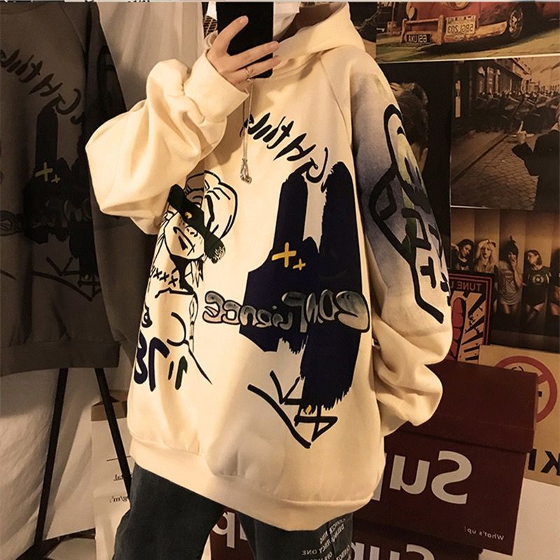 Gbolsos Autumn and winter Korean style trend plus fleece hooded sweater men graffiti hip-hop all-match loose printed coat couple sweater